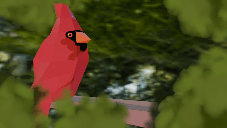 A low poly male cardinal on a tree branch in the midground with leaves in the foreground