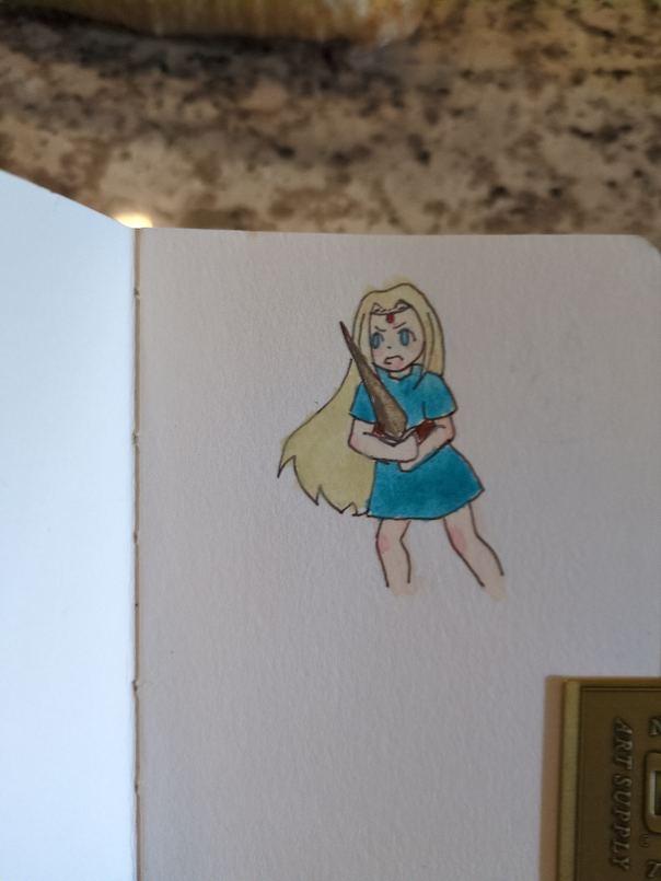 A watercolor painting of a blond girl in a blue dress holding a sword in front of her.